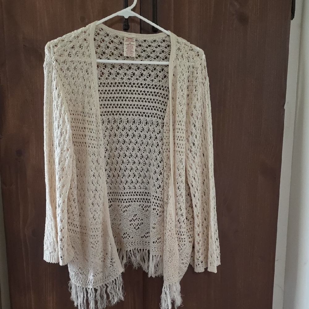 Faded Glory Crochet Open-Front Fringe Cardigan - Cream